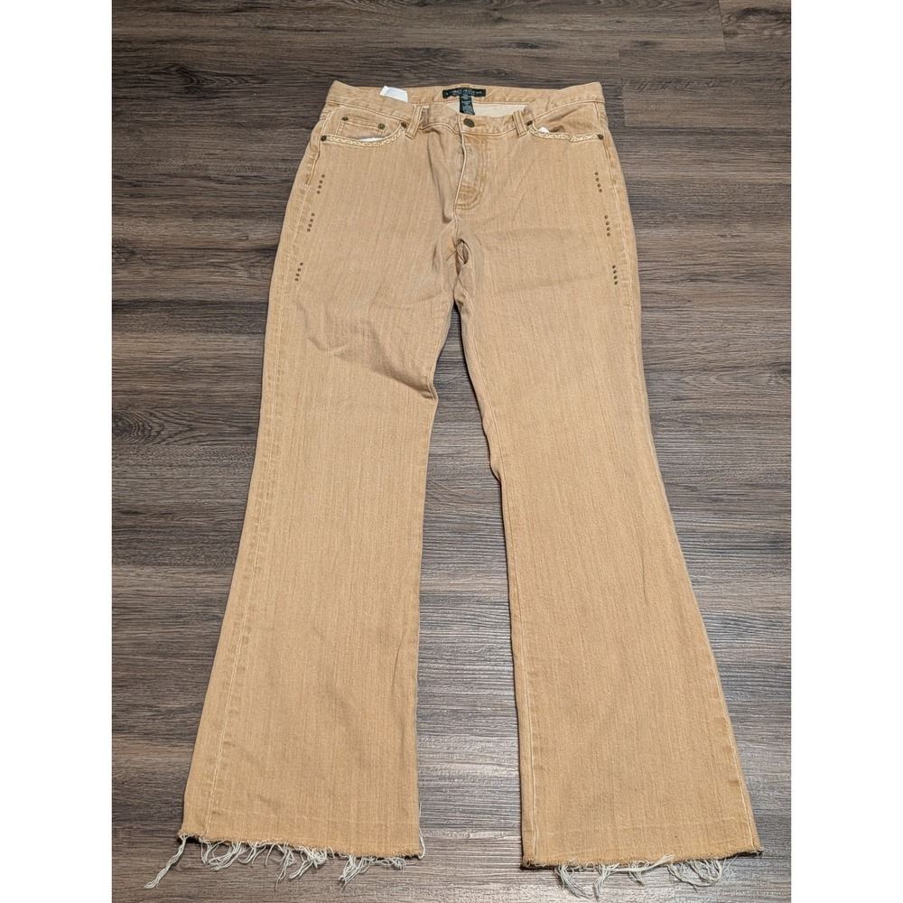 LRL Ralph Lauren Womens Flare Jeans‎ Tan Frayed Hem Size 10 READ